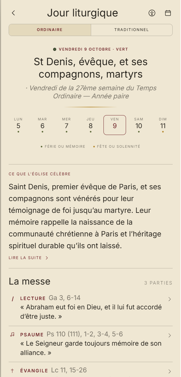 Écran Jour liturgique de Bibliae : saint du jour, couleur liturgique et lectures de la messe