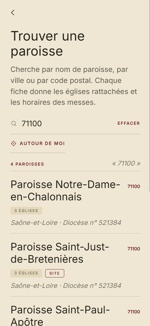 Écran Paroisses de Bibliae : recherche de paroisse et horaires des messes
